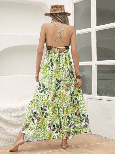 Green Tropical Pattern Print Lace-Up Backless Cami Dress - Embrace Paradise