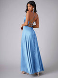 Back view of light blue gown with crisscross open-back straps
