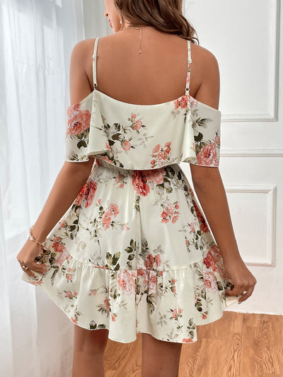 Romantic Flower Printed Off-The-Shoulder Ruffle Strap Summer Dress