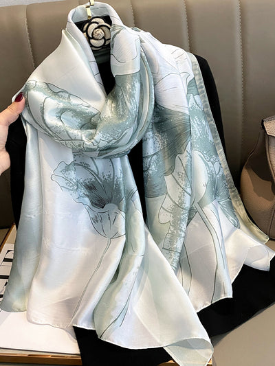 Chic White Printed Silk Scarf: Stylish Beach Shawl for Spring and Summer