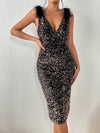 Sparkling Elegance: Backless Sequin Bodycon Dress with Fuzzy Trim