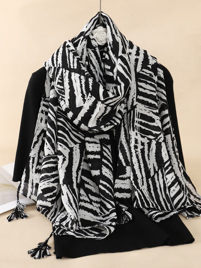 Wild and Stylish: Zebra Striped Print Tassel Decor Scarf