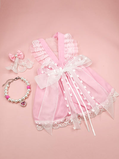 Chic Bow Pet Ensemble: Dress, Necklace, and Hair Clip Set