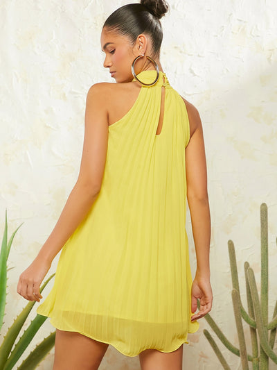 Tropical Elegance: Haute Pleated Neck Detail Dress