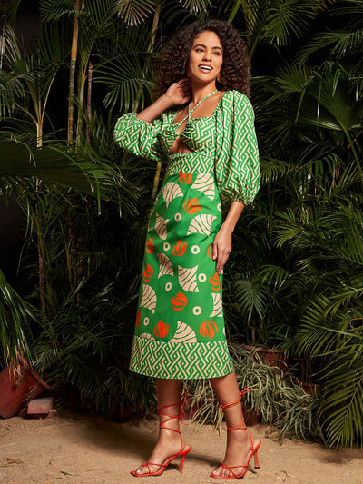 Chic Geo-Print Cut-Out Lantern Sleeve Dress – Perfect for Any Occasion