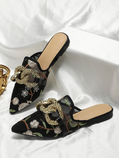 Chic Embroidered Mesh Flat Sandals with Statement Metal Buckle