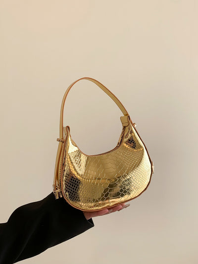 Chic Metallic Snakeskin Hobo Bag - Trendy Crocodile Embossed Shoulder Bag for Effortless Style