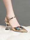 Champagne Glamour: Heart Shape Decor Snakeskin Embossed Ankle Strap Pumps