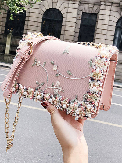 Chic Floral Embroidered Faux Pearl Square Bag – Elegant Mini Accessory