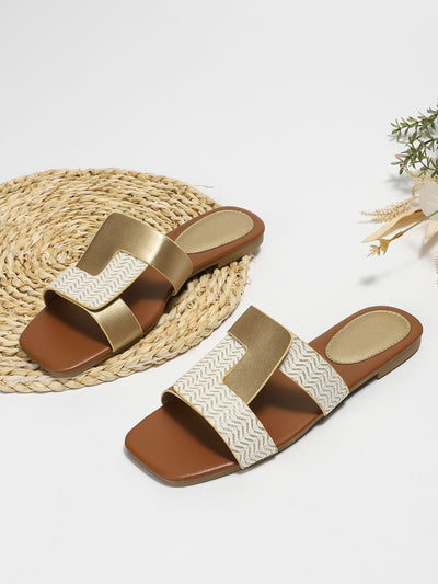 Simple Color Block Flat Sandals with Square Toe for Holiday and Daily Wear