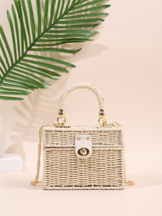 This Mini Twist Lock Flap Straw Bag is the perfect combination of chic and cute for teen girls. With its twist lock closure and flap design, it offers both style and security for everyday use. Made from durable straw material, it's also a sustainable and fashionable option.