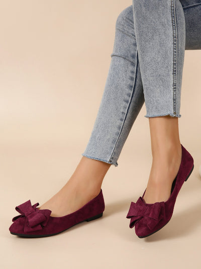 Burgundy Bow-Accent Pointed Toe Ballet Flats for Effortless Chic