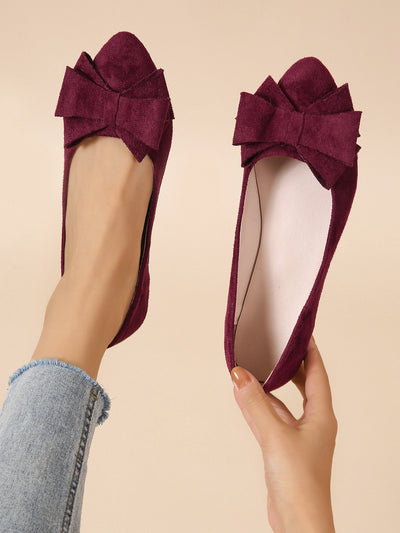 Burgundy Bow-Accent Pointed Toe Ballet Flats for Effortless Chic