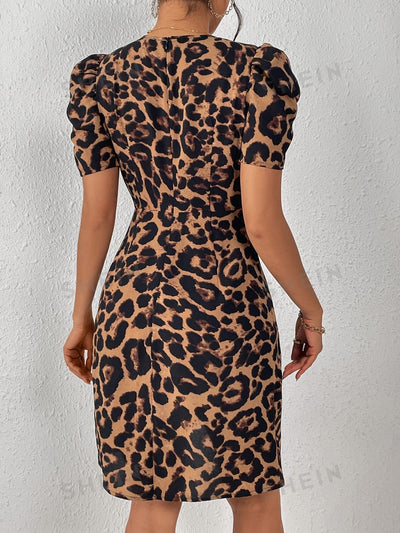 Wild Elegance: Leopard Print Puff Sleeve Dress