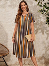 EMERY ROSE Notched Neckline Color Stripes With Sleeves Striped Print Tunic Summer Dress