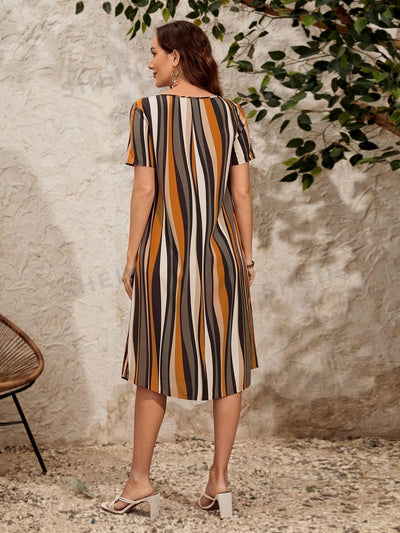 EMERY ROSE Notched Neckline Color Stripes With Sleeves Striped Print Tunic Summer Dress