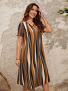 EMERY ROSE Notched Neckline Color Stripes With Sleeves Striped Print Tunic Summer Dress