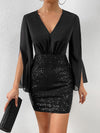 Sparkling Elegance: Contrast Sequin Split Sleeve Bodycon Dress