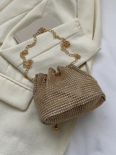 Sparkling Elegance: Glamorous Rhinestone Drawstring Mini Bucket Bag for Bridal & Evening Glam