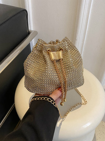 Sparkling Elegance: Glamorous Rhinestone Drawstring Mini Bucket Bag for Bridal & Evening Glam