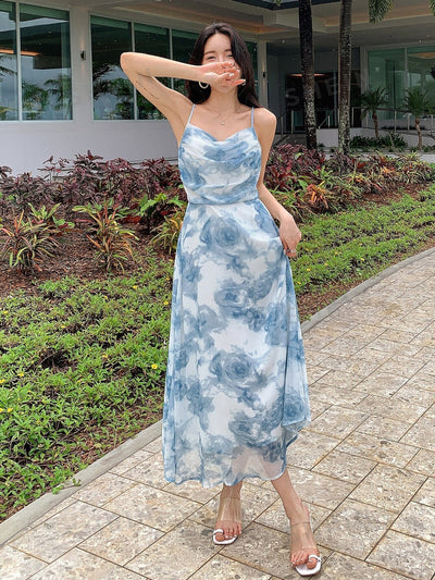 Floral Fantasy: Floral Print Draped Collar Cami Dress