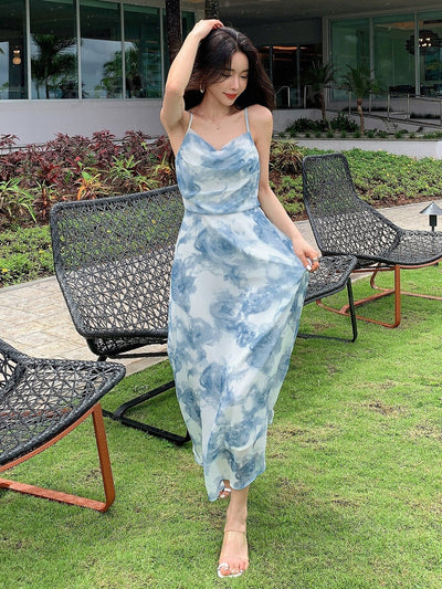 Floral Fantasy: Floral Print Draped Collar Cami Dress