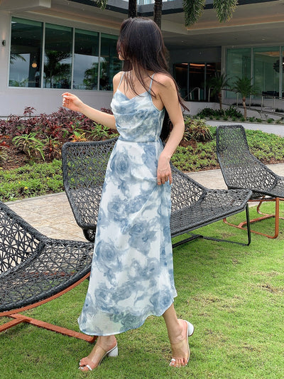 Blue Floral Print Draped Collar Cami Dress: Effortlessly Chic Style for Every Occasion