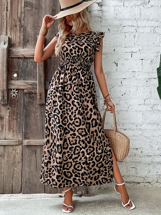 Embrace your wild side in our Leopard Print Ruffle Trim Split Thigh Dress. Combining fierce fashion with feminine details, this dress will have you standing out in any crowd. The bold print and playful ruffle trim will make a statement while the split thigh adds a touch of allure.