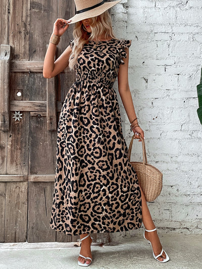 Roar in Style with our Leopard Print Ruffle Trim Split Thigh Dress