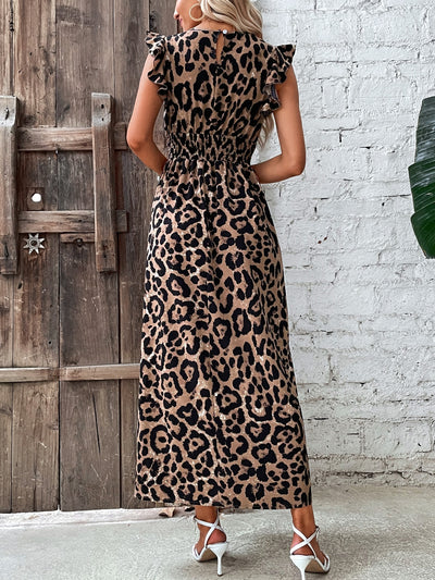 Roar in Style with our Leopard Print Ruffle Trim Split Thigh Dress