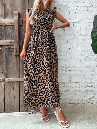 Roar in Style with our Leopard Print Ruffle Trim Split Thigh Dress