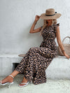 Roar in Style with our Leopard Print Ruffle Trim Split Thigh Dress