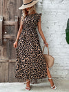 Roar in Style with our Leopard Print Ruffle Trim Split Thigh Dress