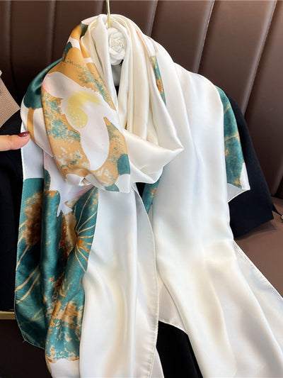 Elegant Lotus Flower Printed Satin Shawl: Perfect for Daily Wear and Holiday Sunscreen