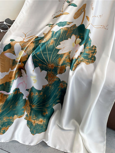 Elegant Lotus Flower Printed Satin Shawl: Perfect for Daily Wear and Holiday Sunscreen