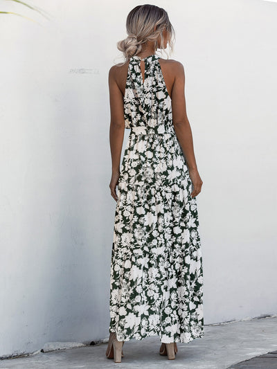 Tropical Escape: Allover Print Layered Hem Belted Halter Dress