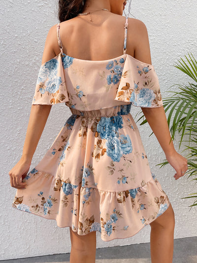 Romantic Flower Printed Off-The-Shoulder Ruffle Strap Summer Dress