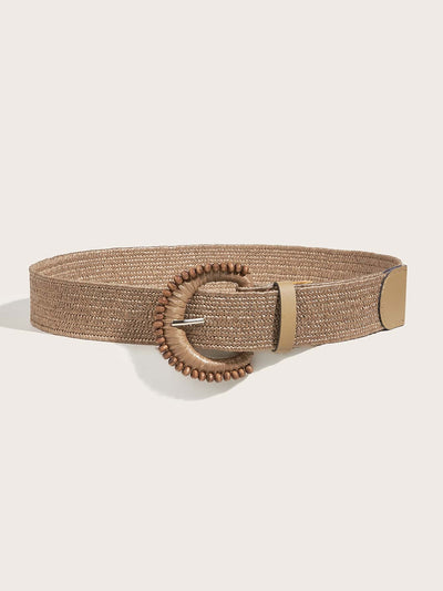 Dreamy Bohemian Bliss: Woven Elastic Waist Belt with D-Shaped Braided Wooden Beads Buckle