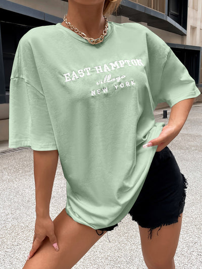 Introducing our expertly crafted Mint Green Drop Shoulder Letter Embroidery Top. Made with high-quality materials and a trendy drop shoulder design, this top exudes both style and comfort. The subtle letter embroidery adds a touch of sophistication. Ideal for any occasion, it's a must-have for any fashion-forward individual.