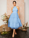 Chic Baby Blue Ruffle Hem Halter Bridesmaid Dress with Mesh Overlay