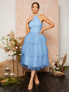 Chic Baby Blue Ruffle Hem Halter Bridesmaid Dress with Mesh Overlay