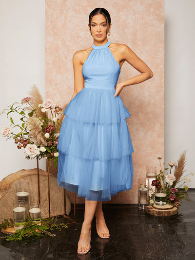 Chic Baby Blue Ruffle Hem Halter Bridesmaid Dress with Mesh Overlay