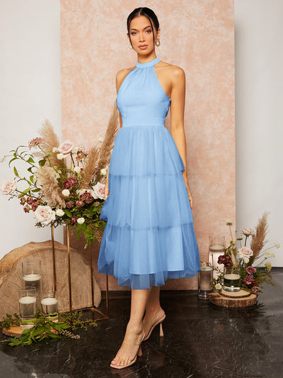 Chic Baby Blue Ruffle Hem Halter Bridesmaid Dress with Mesh Overlay