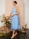 Chic Baby Blue Ruffle Hem Halter Bridesmaid Dress with Mesh Overlay