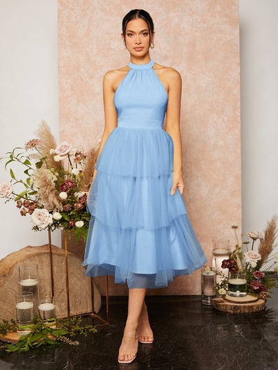 Chic Baby Blue Ruffle Hem Halter Bridesmaid Dress with Mesh Overlay