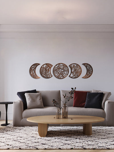 Bohemian Chic: 5 Piece Wood Moon Plant Wall Hanging Set