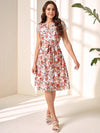 Floral Elegance:  Keyhole Neckline Dress with Guipure Lace Belt