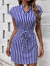 Chic and Sophisticated: Striped Print Notched Neckline Batwing Sleeve Belted Dress