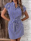 Chic and Sophisticated: Striped Print Notched Neckline Batwing Sleeve Belted Dress