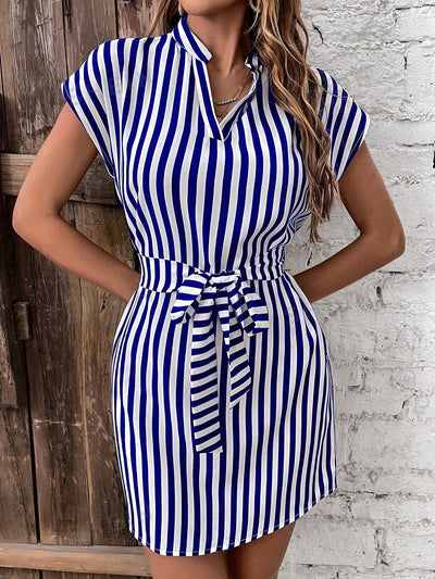 Chic and Sophisticated: Striped Print Notched Neckline Batwing Sleeve Belted Dress